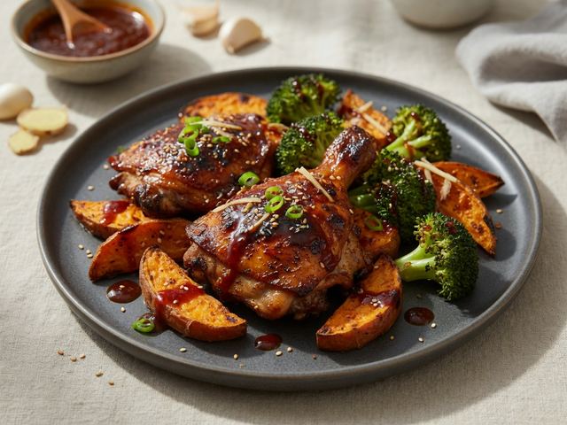 Sheet-Pan Gochujang Chicken Thighs with Sweet Potatoes and Broccoli