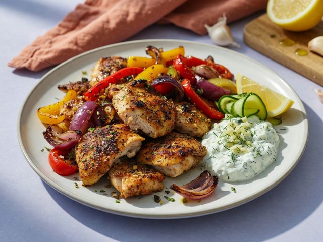 Sheet-Pan Greek Chicken Souvlaki with Peppers & Tzatziki