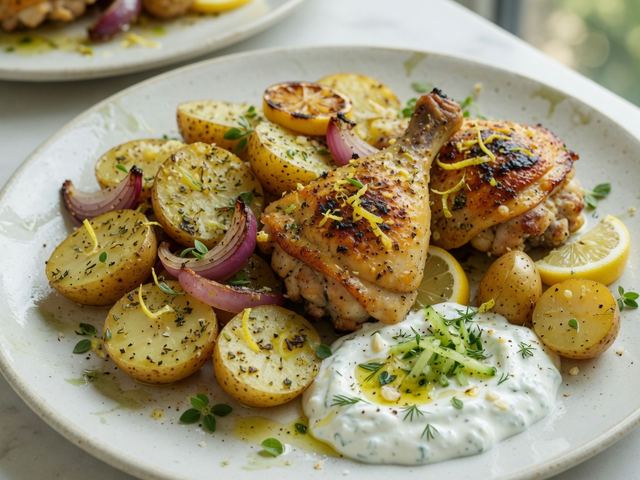 Sheet-Pan Greek Lemon Chicken and Potatoes with Tzatziki