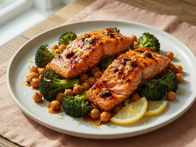 Sheet-Pan Honey Harissa Salmon with Chickpeas & Broccoli