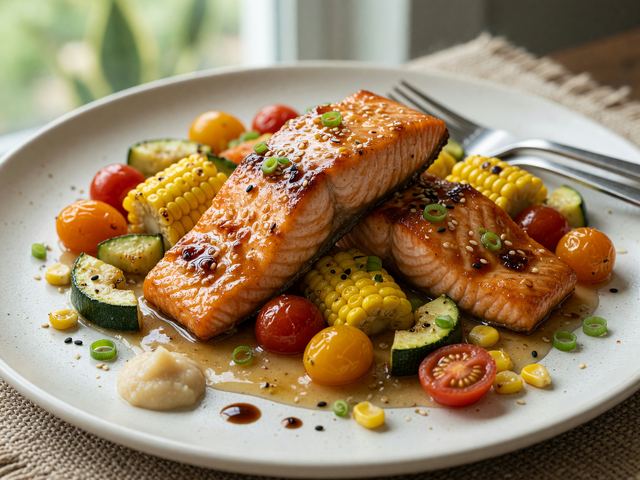 Sheet-Pan Honey-Miso Salmon with Corn, Zucchini & Tomatoes