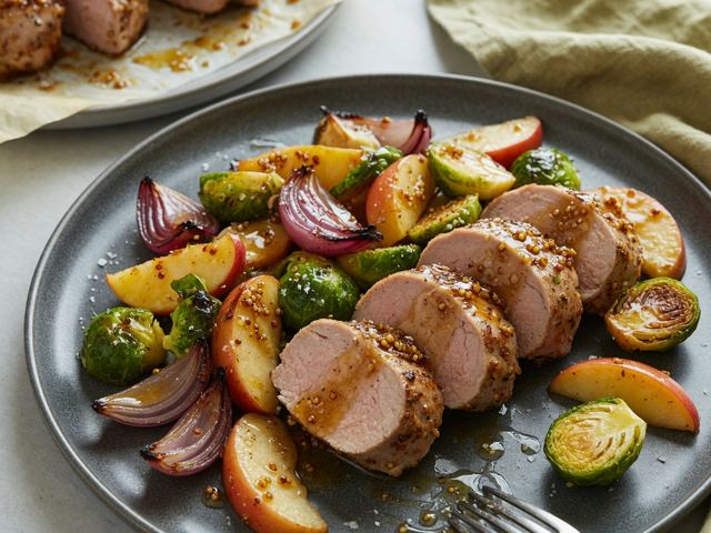 Sheet-Pan Honey-Mustard Pork Tenderloin with Apples & Brussels