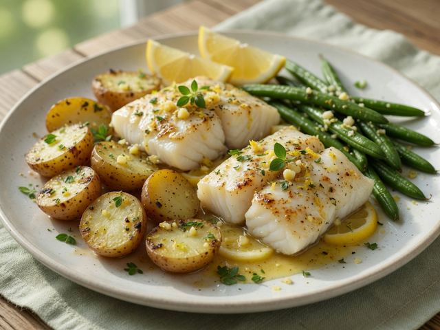 Sheet-Pan Lemon Garlic Butter Cod with Green Beans & Baby Potatoes