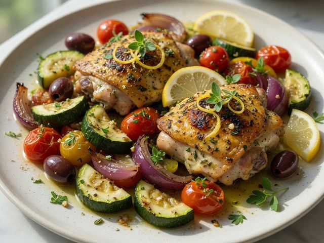 Sheet-Pan Lemon Herb Chicken Thighs with Mediterranean Veggies