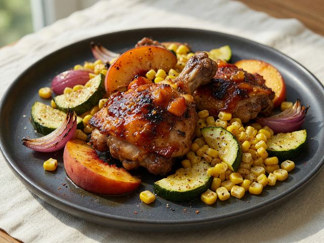 Sheet-Pan Peach BBQ Chicken Thighs with Zucchini & Corn