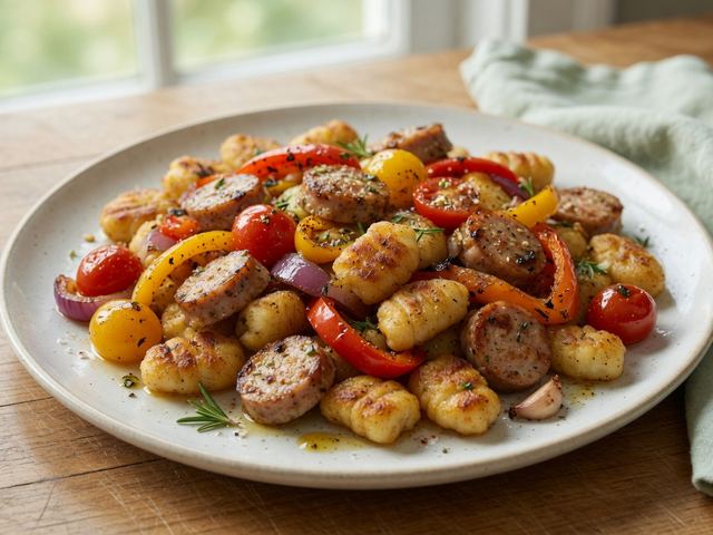 sheet-pan sausage, peppers & crispy gnocchi
