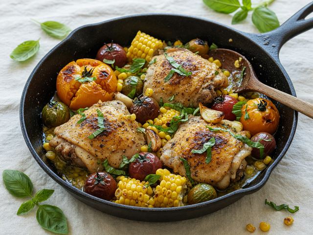 Skillet Basil Chicken Thighs with Blistered Heirloom Tomatoes & Sweet Corn
