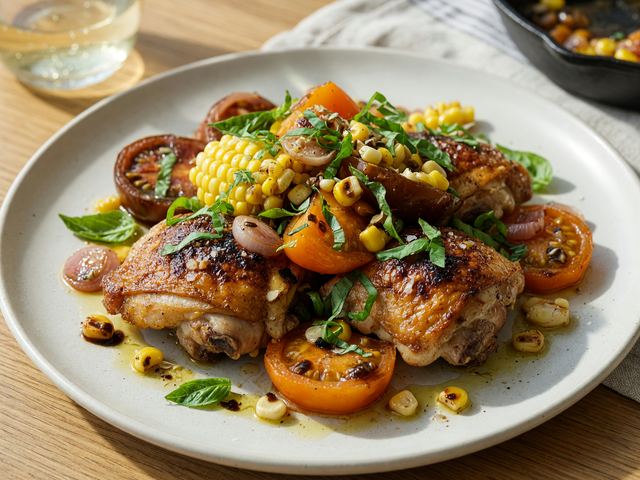 Skillet Basil Chicken Thighs with Jammy Heirloom Tomatoes & Sweet Corn