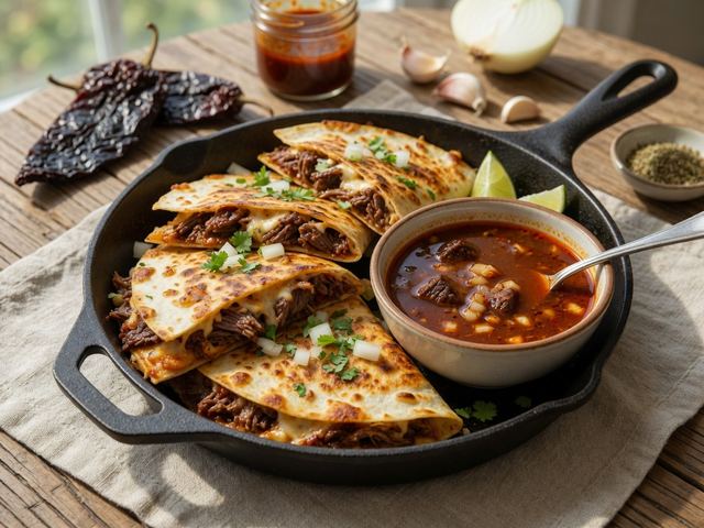 Skillet Beef Birria-Style Quesadillas with Consommé