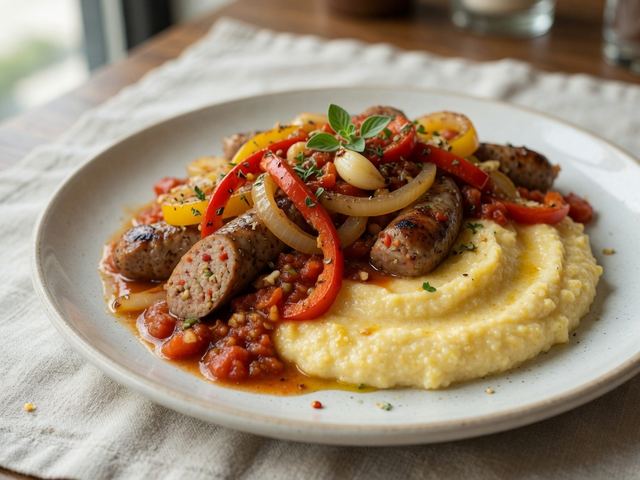 Skillet Italian Sausage, Peppers & Onions over Creamy Polenta