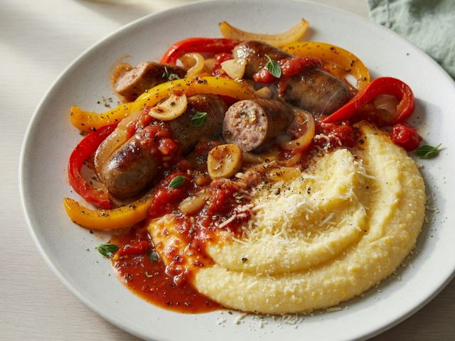 Skillet Sausage and Peppers with Creamy Polenta