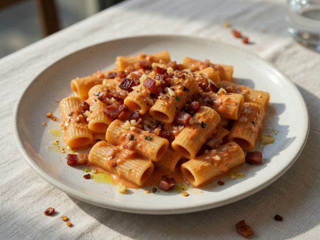 Spicy Vodka Rigatoni with Crispy Pancetta