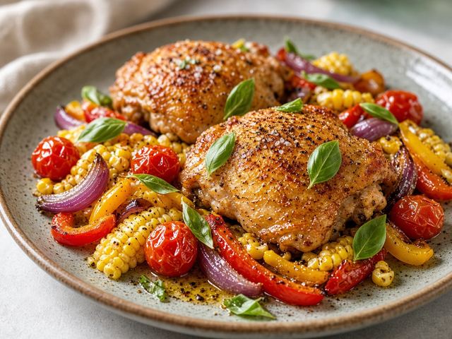 Tomato Corn & Basil Sheet Pan Chicken