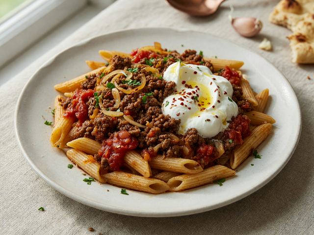 Turkish Pasta with Spiced Ground Beef