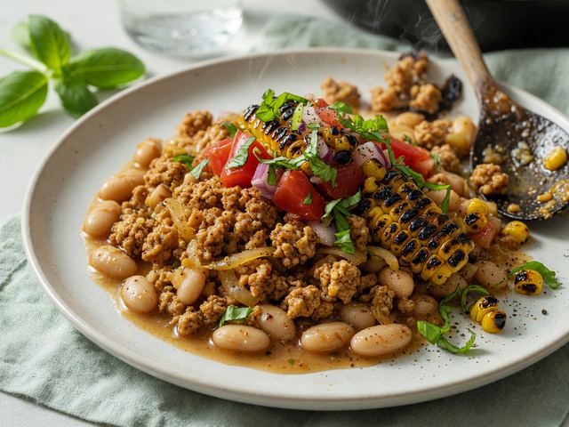 Weeknight Turkey & White Bean Skillet with Charred Corn and Basil Tomato Relish
