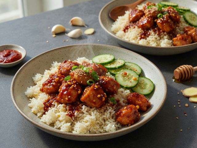 gochujang honey chicken rice bowls with quick cucumbers