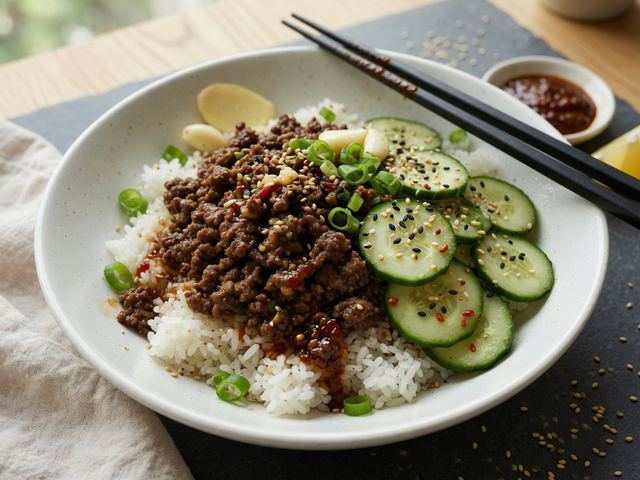 korean ground beef rice bowls with sesame cucumbers