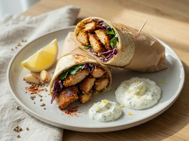 Air-Fryer Chicken Shawarma Wraps with Garlic Yogurt
