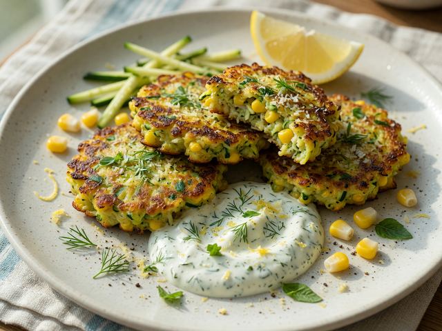 Air-Fryer Zucchini Corn Fritters with Lemon Herb Yogurt