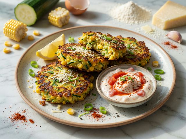 Air-Fryer Zucchini Corn Fritters with Tomato Yogurt Dip
