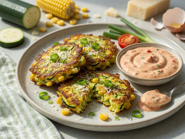 Air-Fryer Zucchini Corn Fritters with Tomato Yogurt Dip