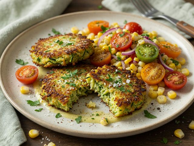 Air-Fryer Zucchini Fritters with Corn-Tomato Relish