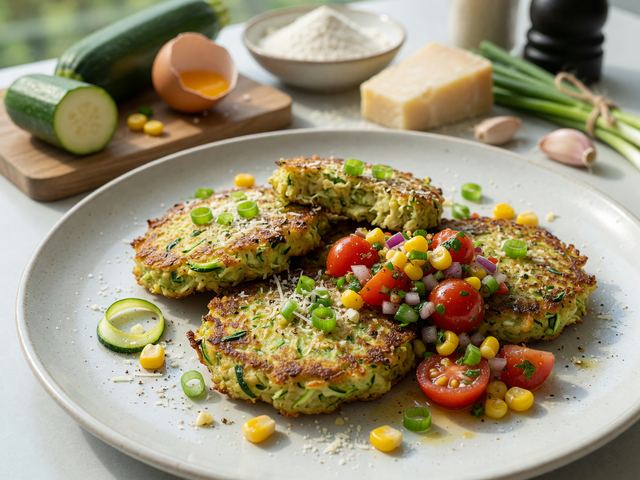 Air-Fryer Zucchini Fritters with Tomato-Corn Relish