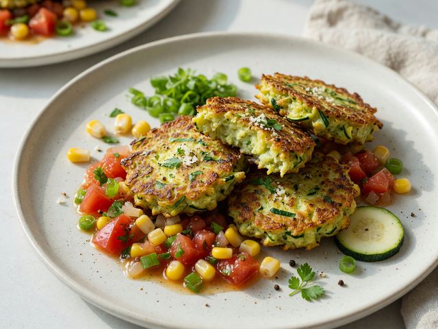 Air-Fryer Zucchini Fritters with Tomato-Corn Relish