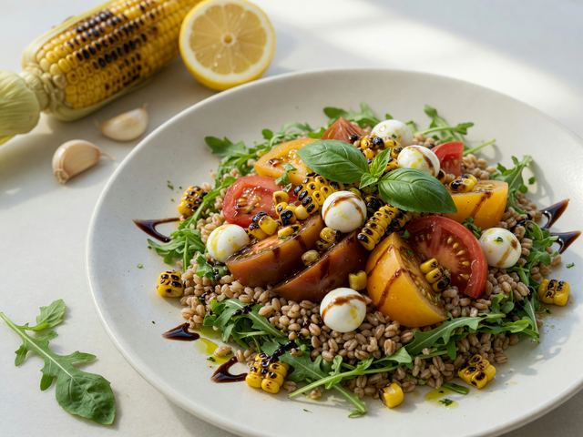 Caprese Farro Lunch Bowls with Charred Corn & Heirloom Tomatoes