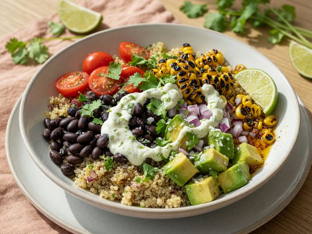 Charred Corn & Black Bean Quinoa Bowls with Lime Crema