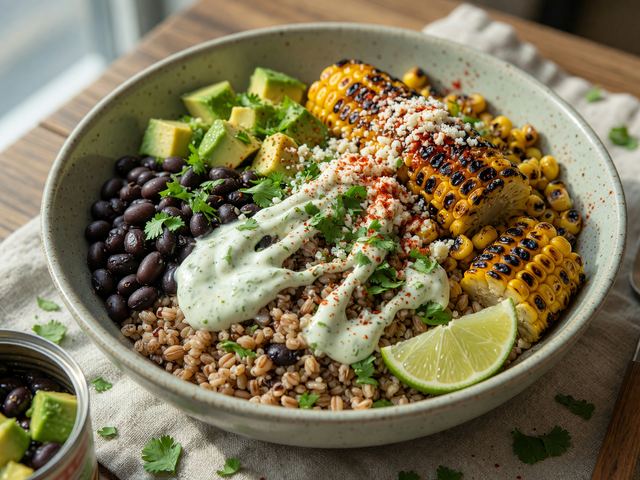 Charred Corn Elote Grain Bowls with Black Beans & Lime Crema