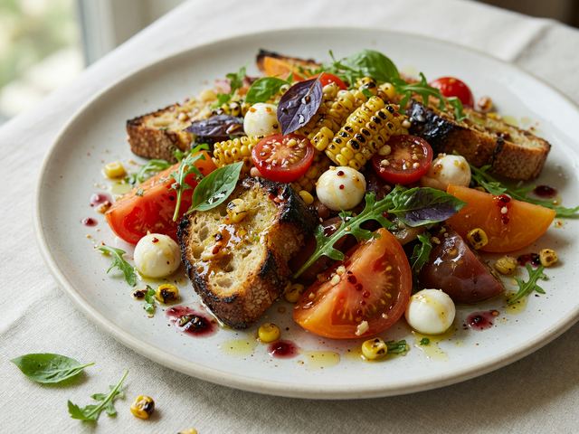Charred Corn Heirloom Tomato Panzanella with Hot Honey