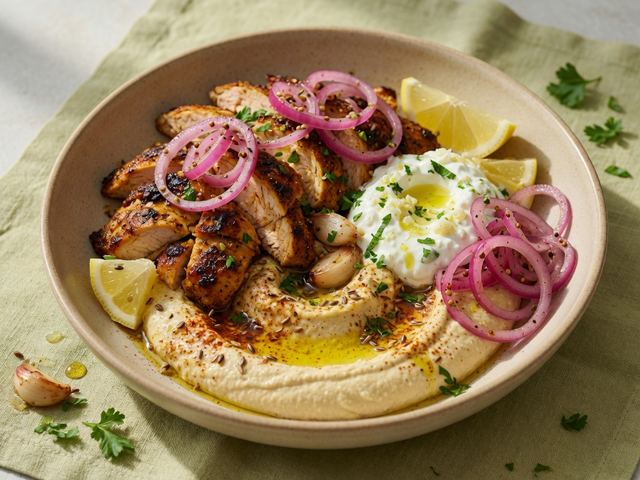 Chicken Shawarma Hummus Bowls with Pickled Onions