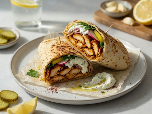 Chicken Shawarma Wraps with Garlic Toum and Quick Pickles
