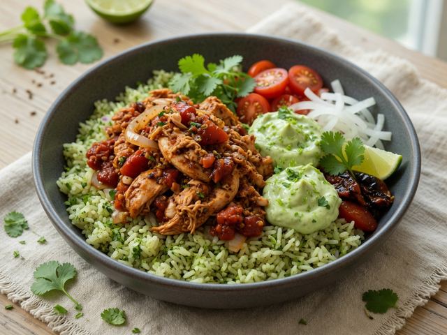 Chicken Tinga Burrito Bowls with Avocado Crema
