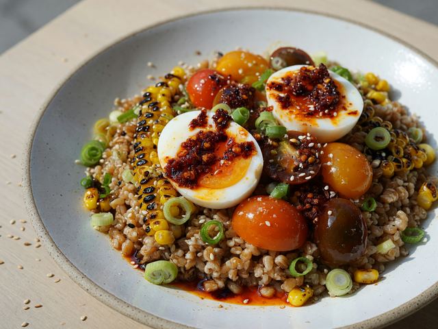 Chili-Crisp Jammy Egg Farro Bowls with Charred Corn