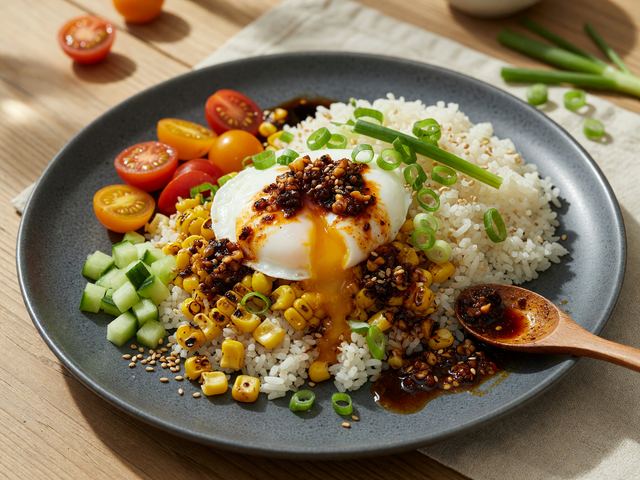 Chili-Crisp Soft Egg & Charred Corn Rice Bowls