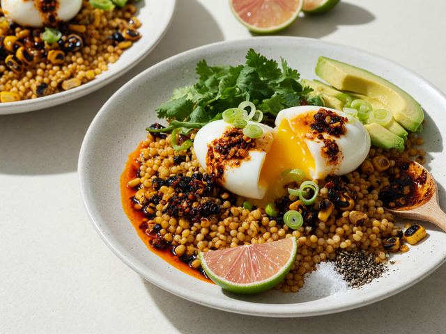 Chili-Crisp Soft Eggs over Charred Corn Couscous Bowls