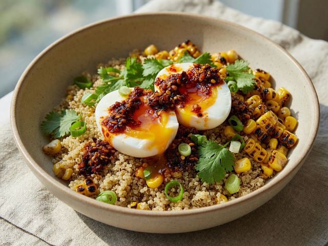 Chili-Crisp Soft Eggs over Charred Corn Quinoa Bowls