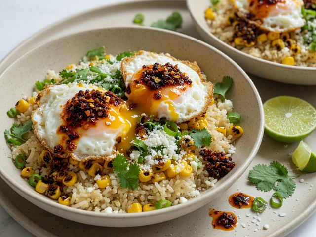Chili-Crisp Soft Eggs over Charred Corn Rice Bowls