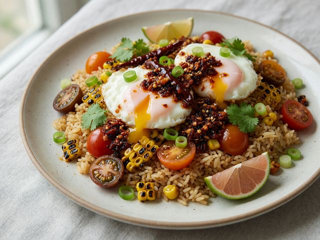 Chili-Crisp Soft Eggs over Charred Corn Tomato Rice