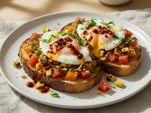 Chili-Crisp Soft Eggs over Charred Corn Tomato Toast