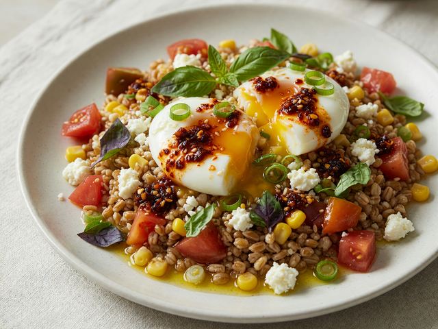 Chili-Crisp Soft Eggs over Tomato-Corn Farro Bowls