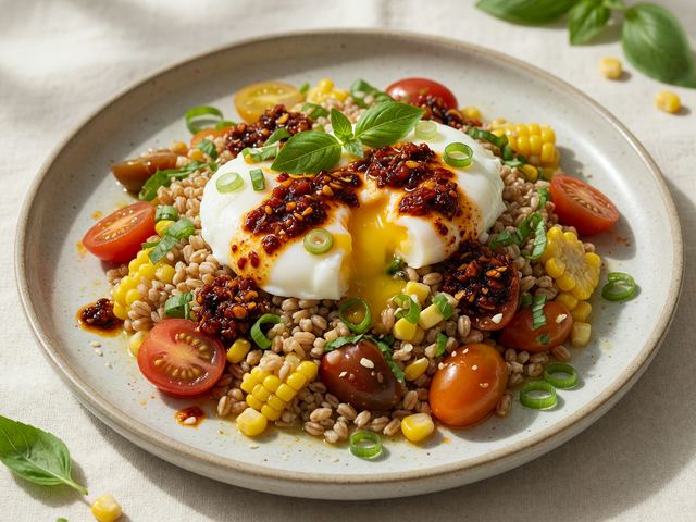 Chili-Crisp Soft Eggs over Tomato-Corn Farro