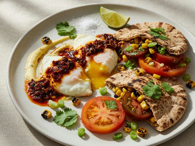 Chili-Crisp Soft Eggs with Charred Corn & Heirloom Tomato Pitas