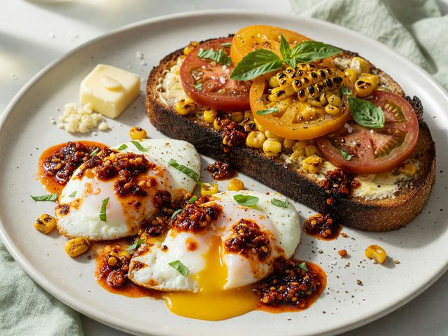 Chili-Crisp Soft Eggs with Charred Corn Tomato Toast