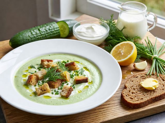 Chilled Cucumber & Dill Soup with Rye Croutons