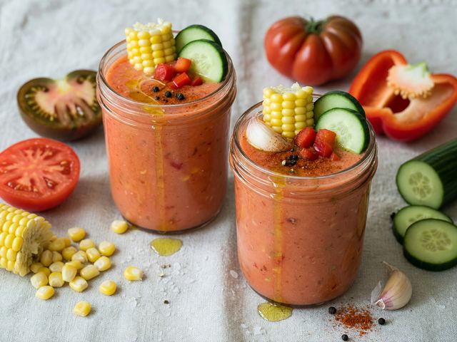 Chilled Heirloom Tomato & Sweet Corn Gazpacho Jars
