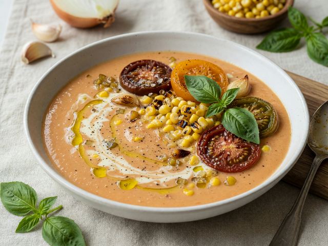 Creamy Roasted Heirloom Tomato & Sweet Corn Soup