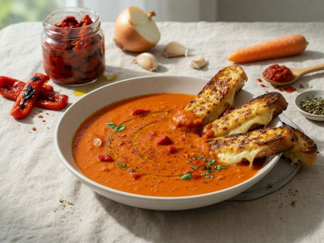 Creamy Roasted Red Pepper Soup with Grilled Cheese Dippers